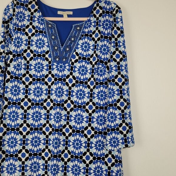 Stitch Fix 41 Hawthorn Mora Blue Stretch Knit Print Beaded Neck Dress L - Picture 5 of 9